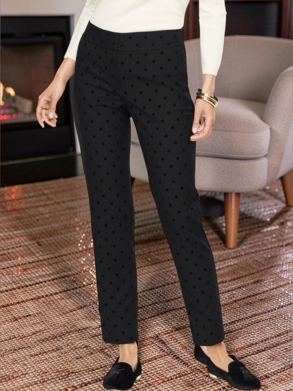 Talbots Black on Black Raised Polka Dot Stretch Ankle Pants Size 14P